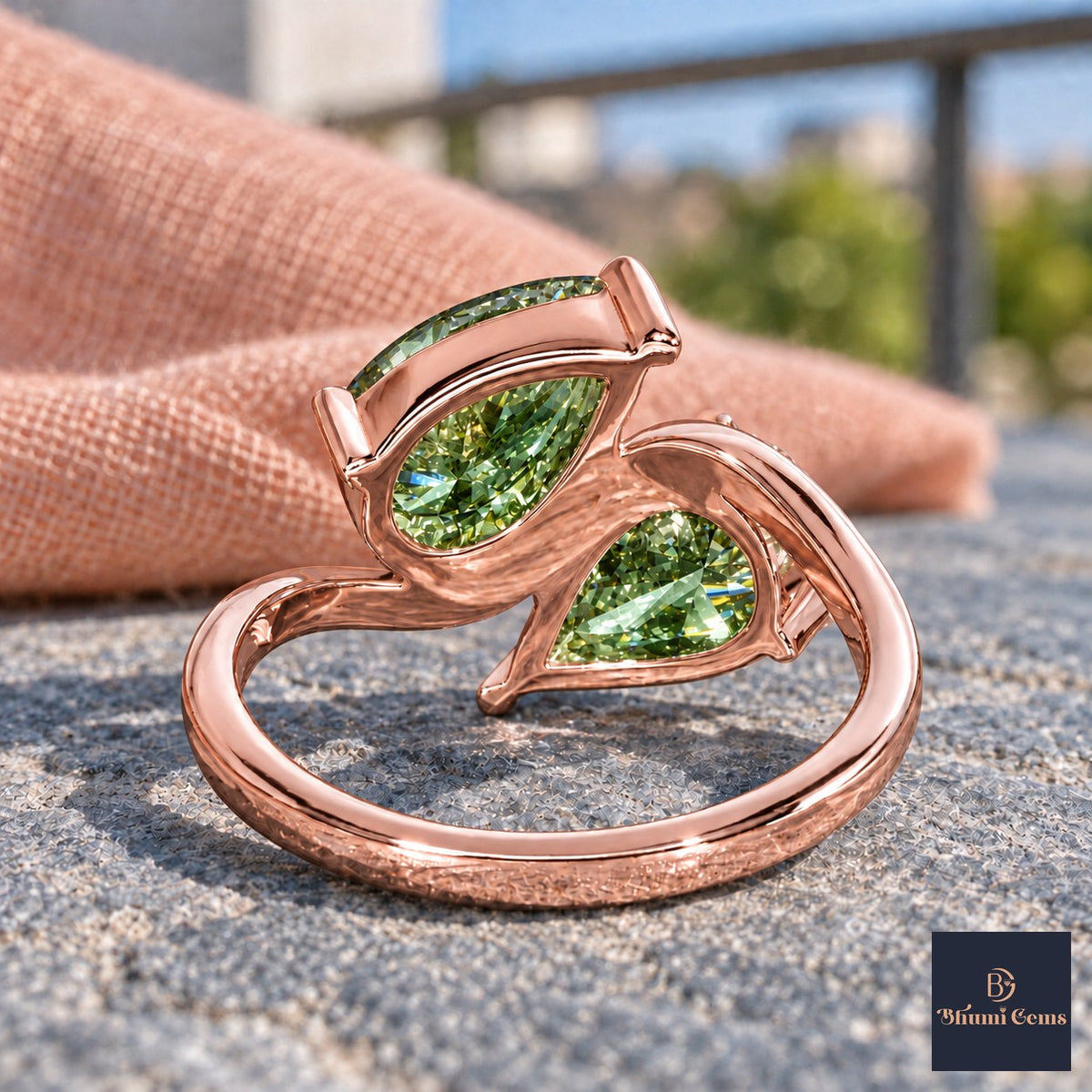 Green Pear Cut Lab Grown Diamond Engagement Ring - Toi et Moi in rose gold, gallery view
