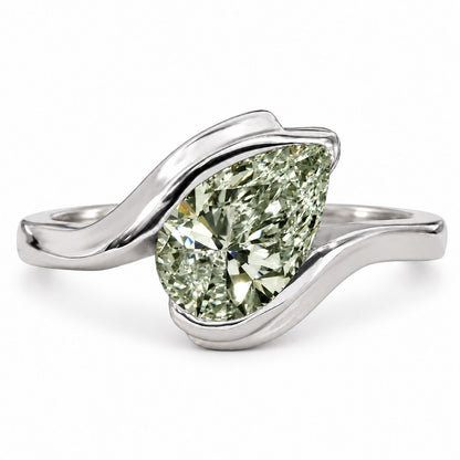 Green Pear Cut Lab Grown Diamond Engagement Ring - Wrap Bypass Solitaire in white gold, front view