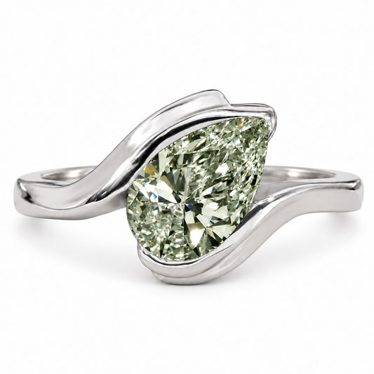 Green Pear Cut Lab Grown Diamond Engagement Ring - Wrap Bypass Solitaire in white gold, front view