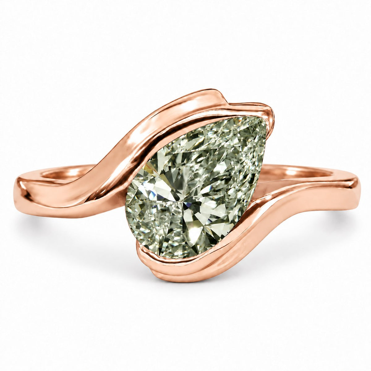 Green Pear Cut Lab Grown Diamond Engagement Ring - Wrap Bypass Solitaire in rose gold, front view