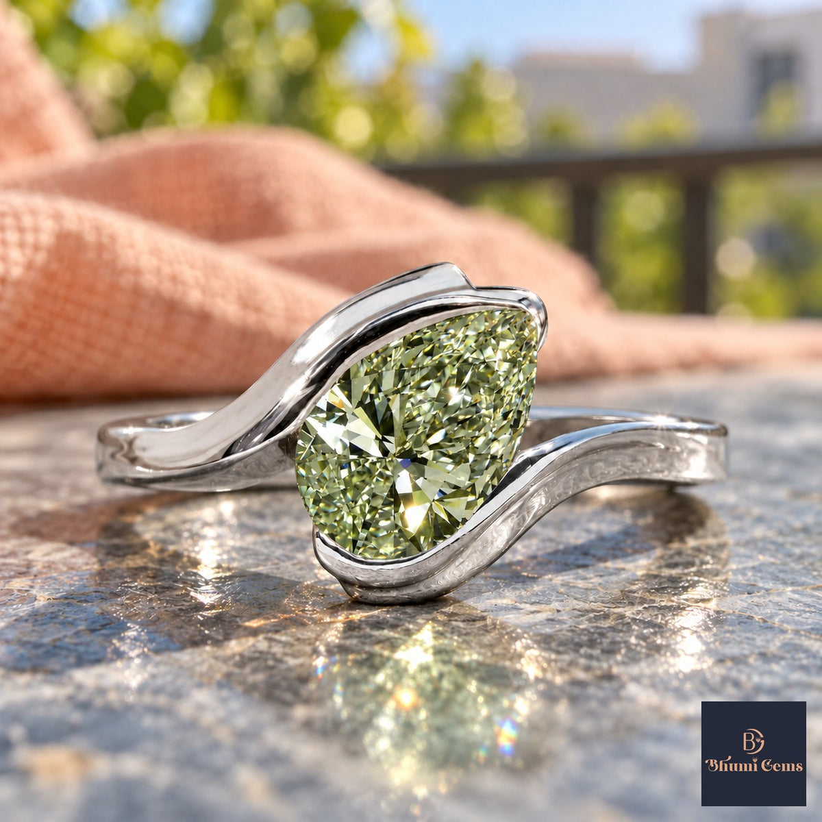 Green Pear Cut Lab Grown Diamond Engagement Ring - Wrap Bypass Solitaire in white gold, close-up