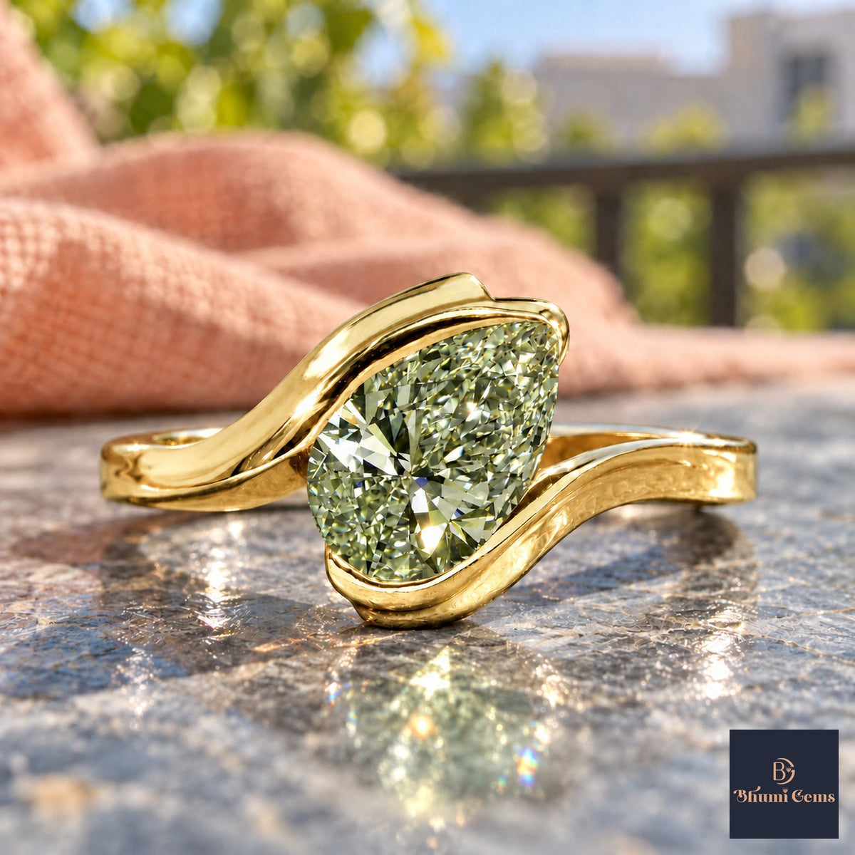 Green Pear Cut Lab Grown Diamond Engagement Ring - Wrap Bypass Solitaire in yellow gold, close-up