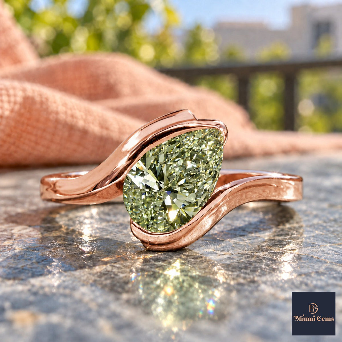 Green Pear Cut Lab Grown Diamond Engagement Ring - Wrap Bypass Solitaire in rose gold, close-up