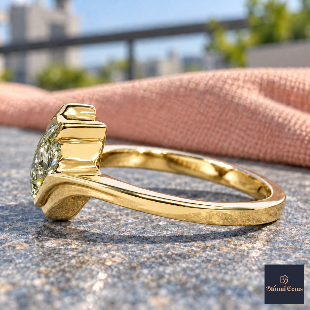 Green Pear Cut Lab Grown Diamond Engagement Ring - Wrap Bypass Solitaire in yellow gold, side view