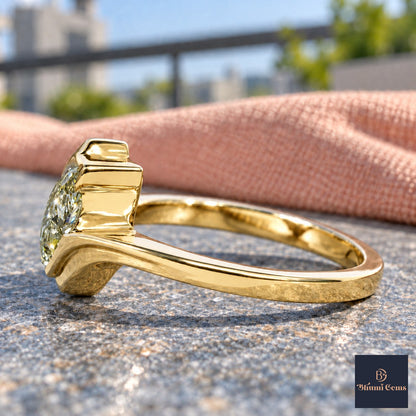 Green Pear Cut Lab Grown Diamond Engagement Ring - Wrap Bypass Solitaire in yellow gold, side view