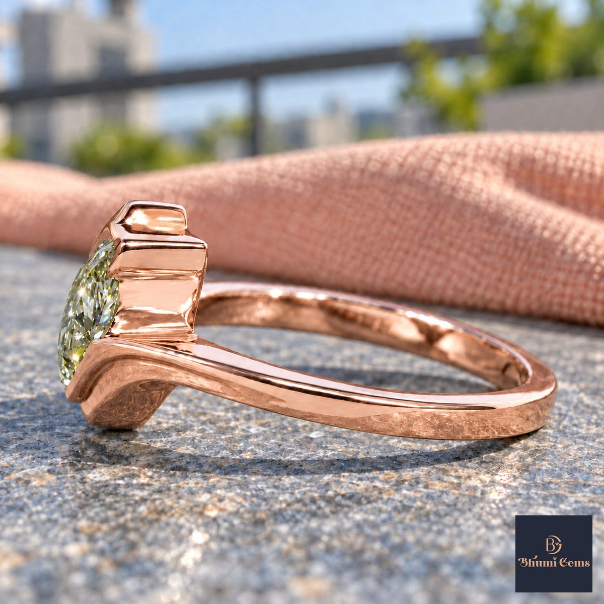 Green Pear Cut Lab Grown Diamond Engagement Ring - Wrap Bypass Solitaire in rose gold, side view