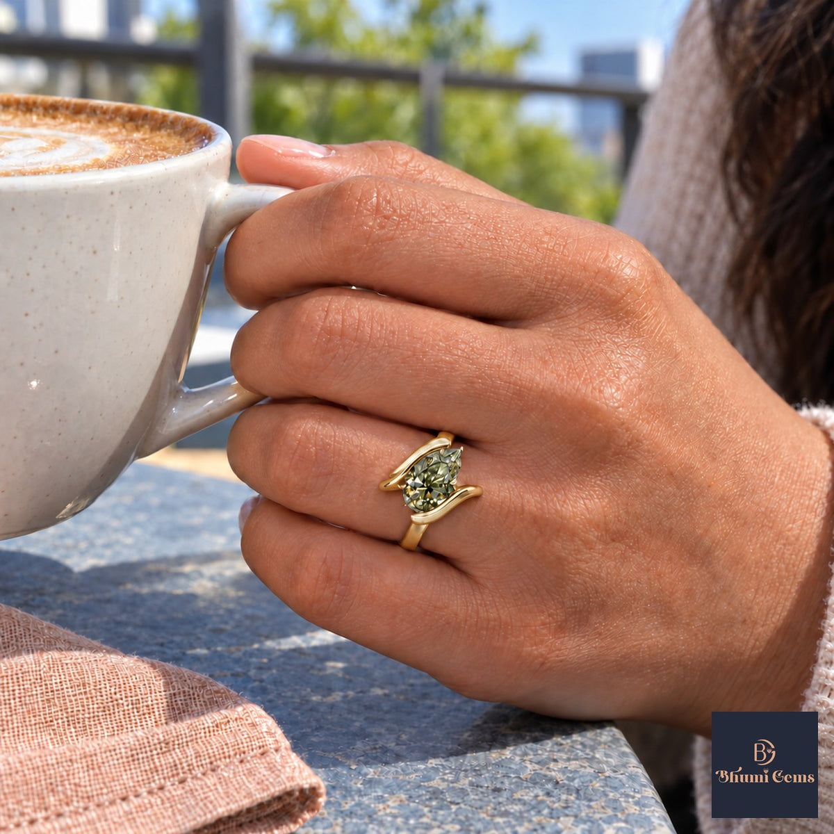Green Pear Cut Lab Grown Diamond Engagement Ring - Wrap Bypass Solitaire in yellow gold, on the hand