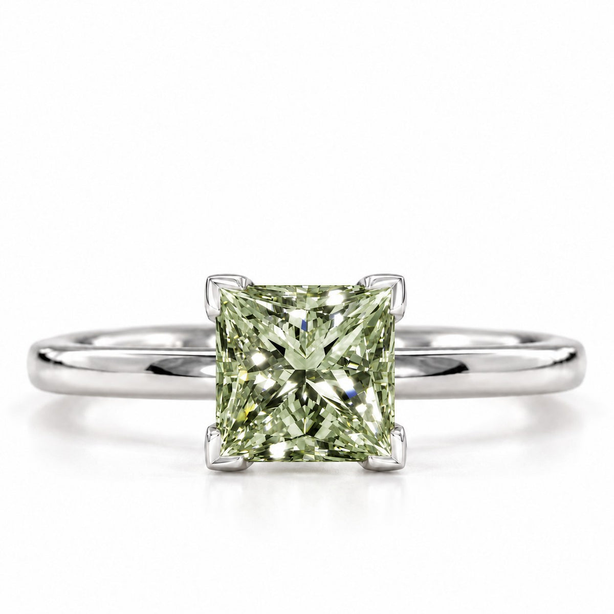 Green Princess Cut Lab Grown Diamond Engagement Ring - Classic Solitaire in white gold, front view