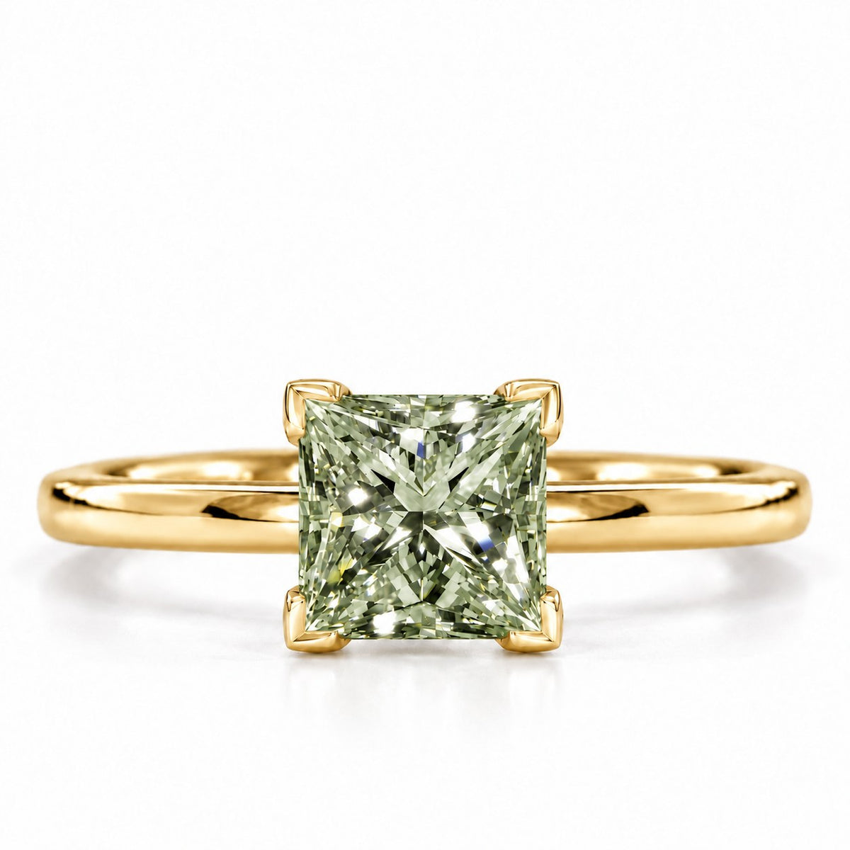 Green Princess Cut Lab Grown Diamond Engagement Ring - Classic Solitaire in yellow gold, front view