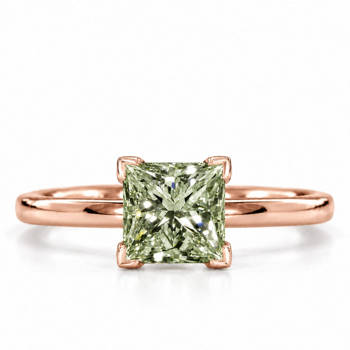 Green Princess Cut Lab Grown Diamond Engagement Ring - Classic Solitaire in rose gold, front view