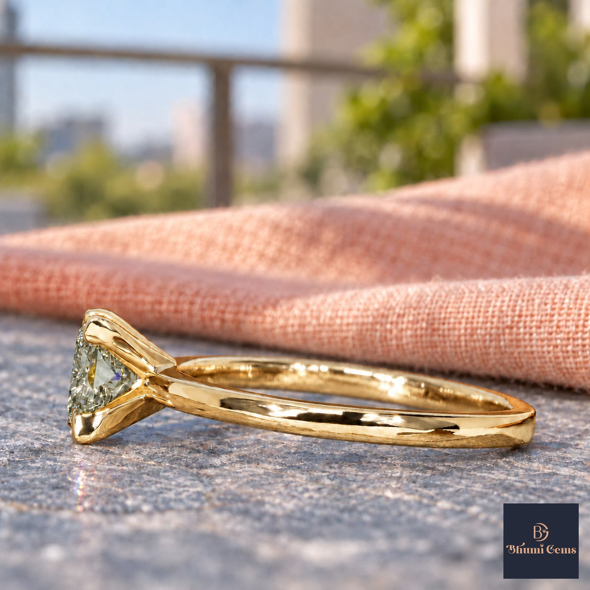 Green Princess Cut Lab Grown Diamond Engagement Ring - Classic Solitaire in yellow gold, side view