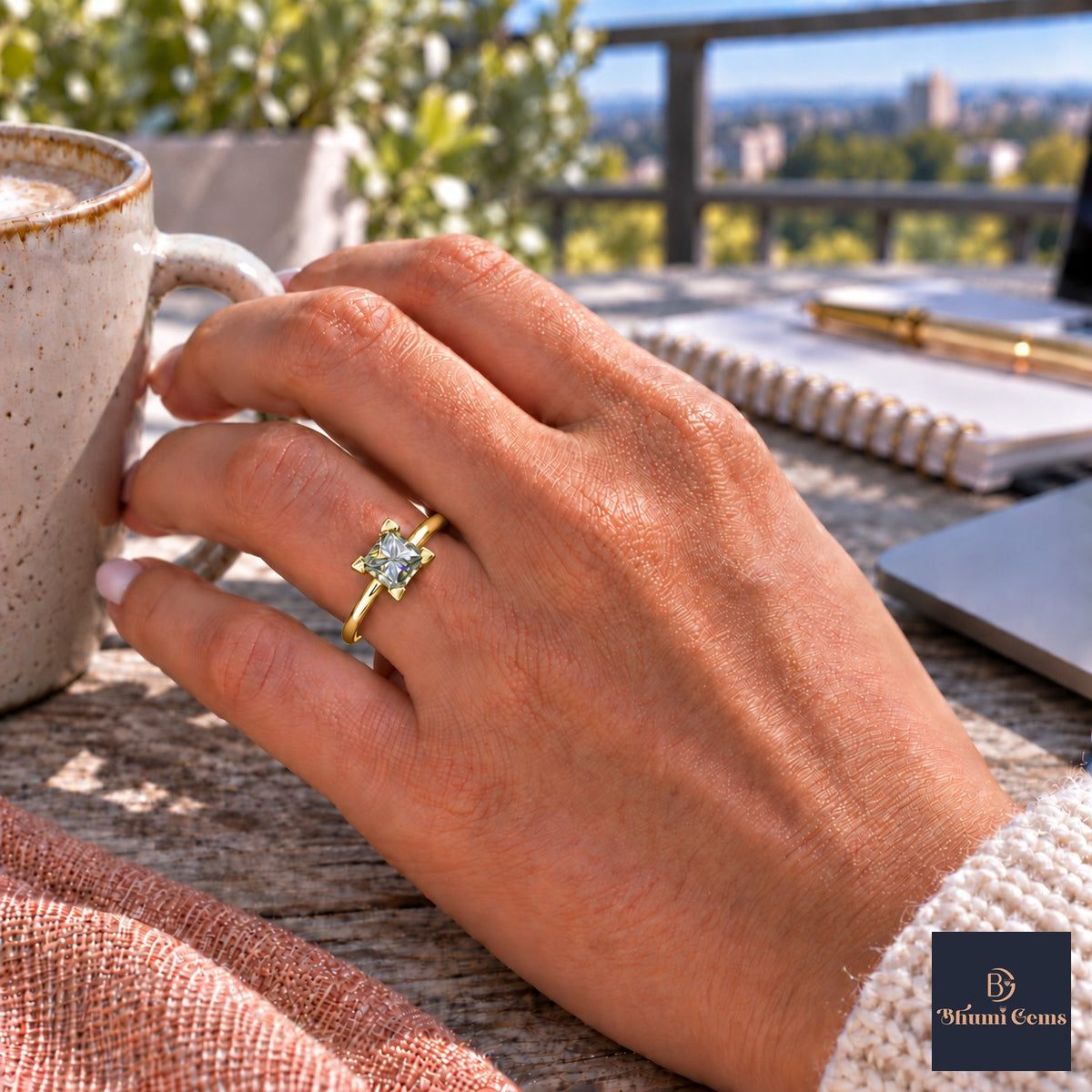 Green Princess Cut Lab Grown Diamond Engagement Ring - Classic Solitaire in yellow gold, on the hand