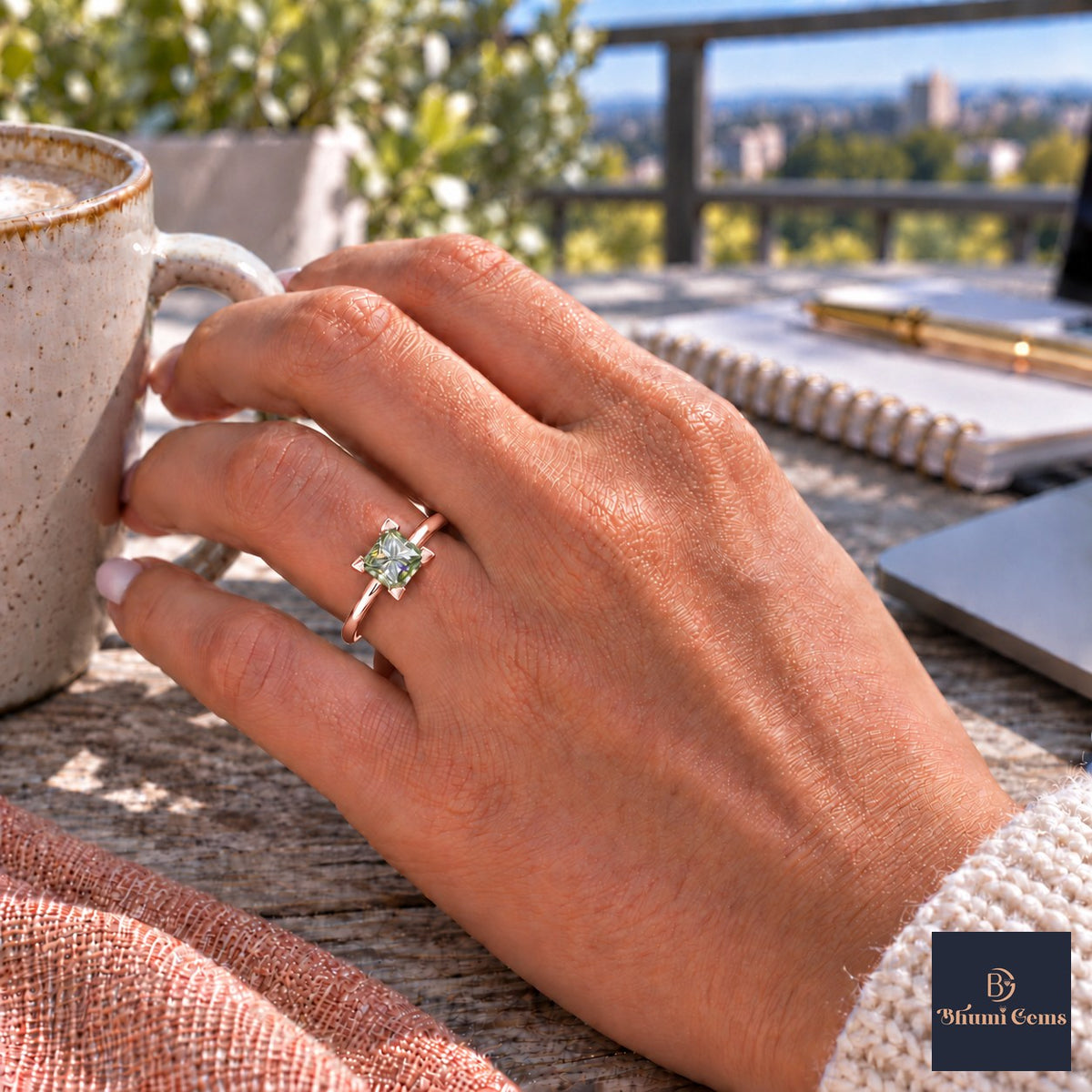 Green Princess Cut Lab Grown Diamond Engagement Ring - Classic Solitaire in rose gold, on the hand