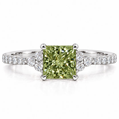 Green Princess Cut Lab Grown Diamond Engagement Ring - Cluster Pave Band in white gold, front view
