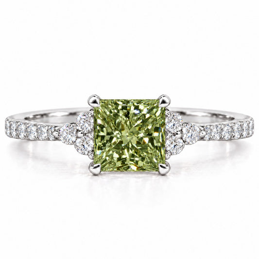 Green Princess Cut Lab Grown Diamond Engagement Ring - Cluster Pave Band in white gold, front view