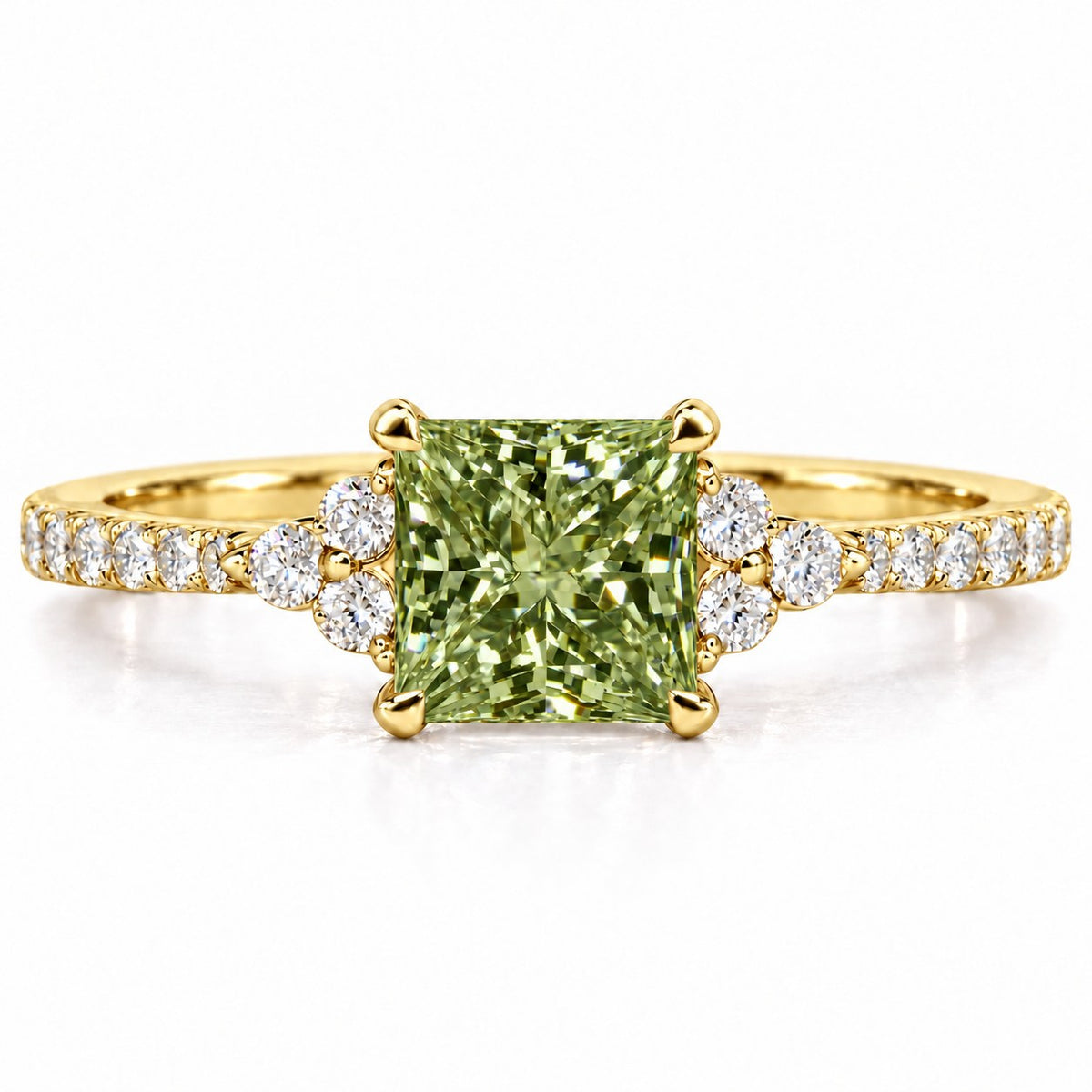 Green Princess Cut Lab Grown Diamond Engagement Ring - Cluster Pave Band in yellow gold, front view