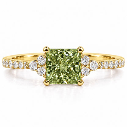 Green Princess Cut Lab Grown Diamond Engagement Ring - Cluster Pave Band in yellow gold, front view
