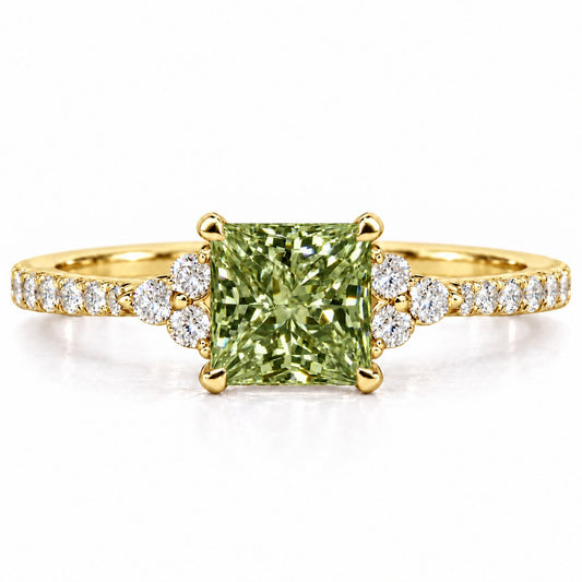 Green Princess Cut Lab Grown Diamond Engagement Ring - Cluster Pave Band in yellow gold, front view