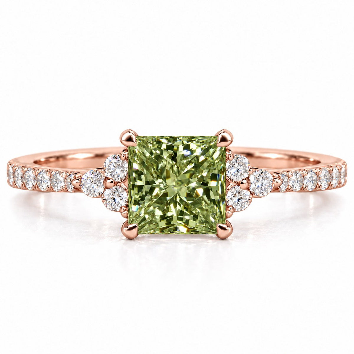 Green Princess Cut Lab Grown Diamond Engagement Ring - Cluster Pave Band in rose gold, front view