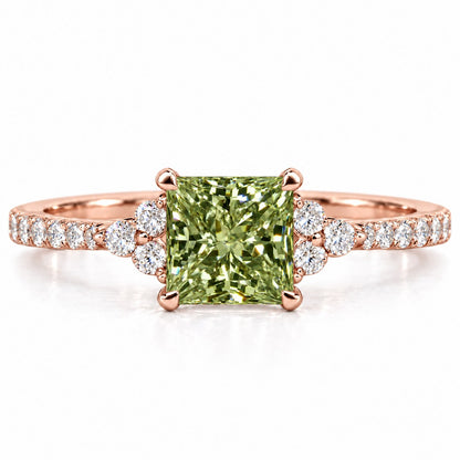 Green Princess Cut Lab Grown Diamond Engagement Ring - Cluster Pave Band in rose gold, front view