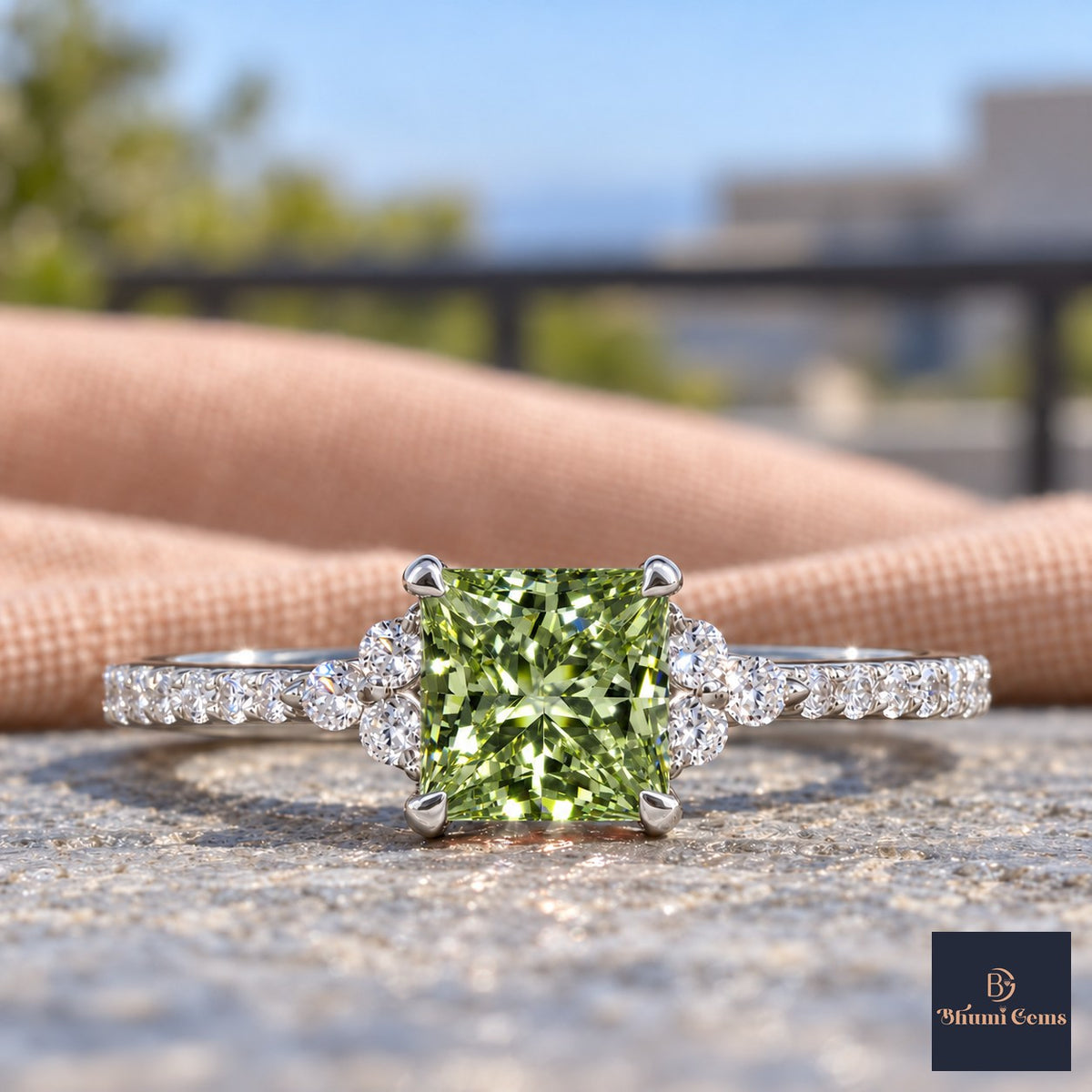 Green Princess Cut Lab Grown Diamond Engagement Ring - Cluster Pave Band in white gold, close-up