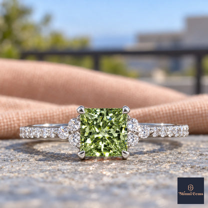 Green Princess Cut Lab Grown Diamond Engagement Ring - Cluster Pave Band in white gold, close-up