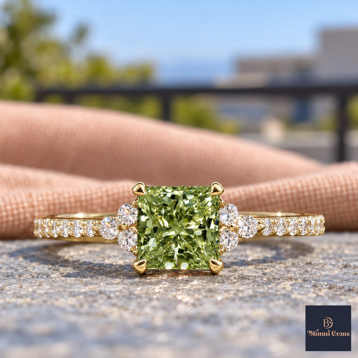 Green Princess Cut Lab Grown Diamond Engagement Ring - Cluster Pave Band in yellow gold, close-up