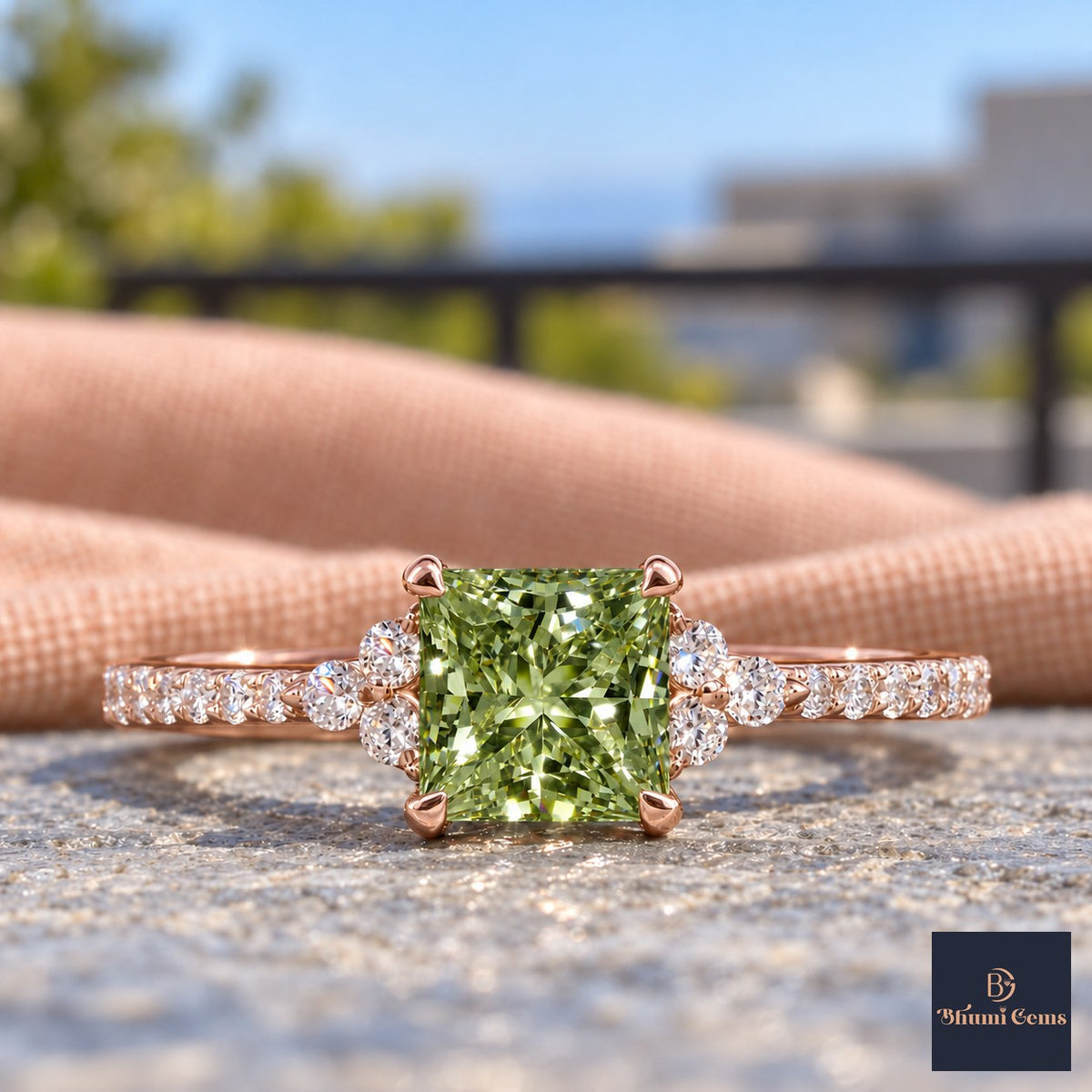 Green Princess Cut Lab Grown Diamond Engagement Ring - Cluster Pave Band in rose gold, close-up
