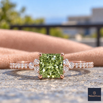 Green Princess Cut Lab Grown Diamond Engagement Ring - Cluster Pave Band in rose gold, close-up