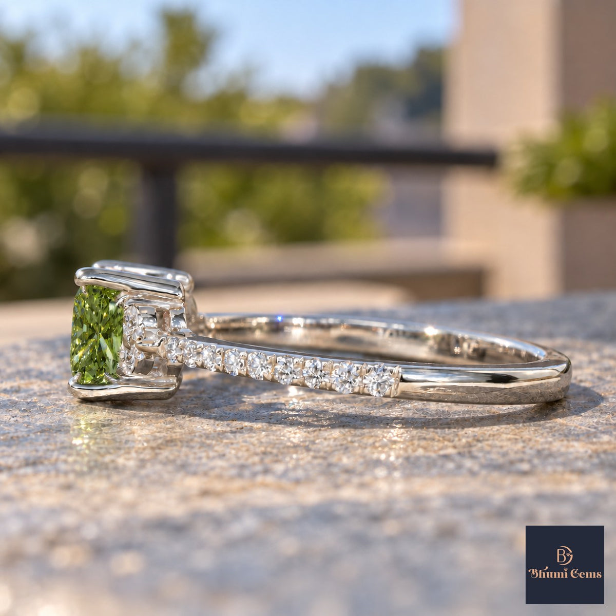 Green Princess Cut Lab Grown Diamond Engagement Ring - Cluster Pave Band in white gold, side view