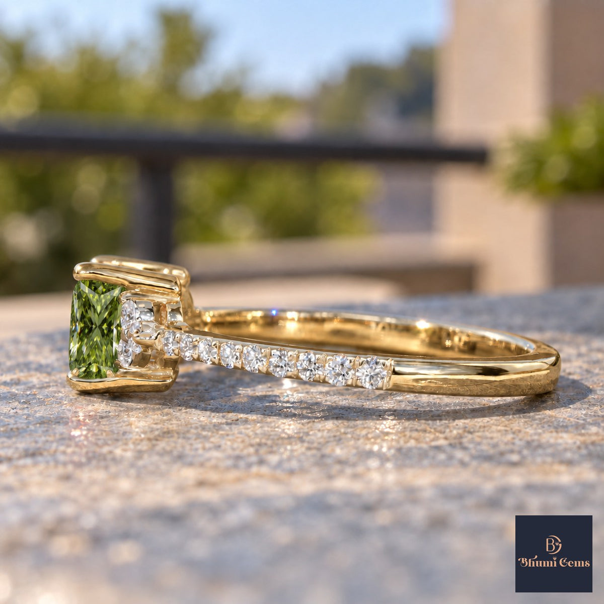 Green Princess Cut Lab Grown Diamond Engagement Ring - Cluster Pave Band in yellow gold, side view