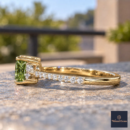 Green Princess Cut Lab Grown Diamond Engagement Ring - Cluster Pave Band in yellow gold, side view
