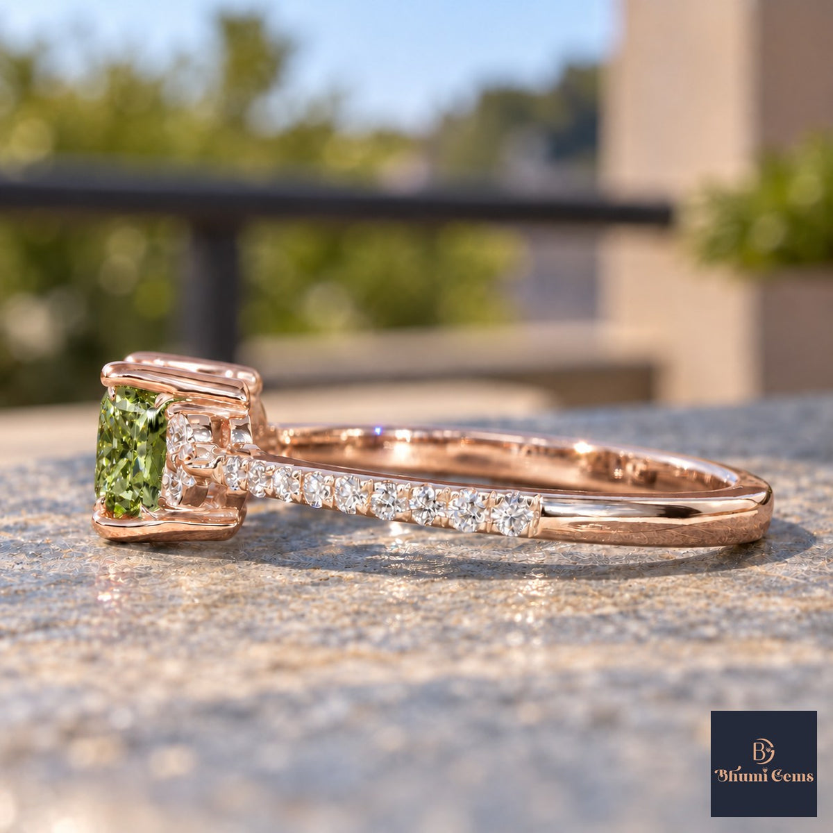 Green Princess Cut Lab Grown Diamond Engagement Ring - Cluster Pave Band in rose gold, side view