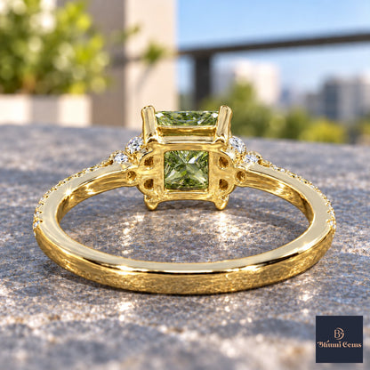 Green Princess Cut Lab Grown Diamond Engagement Ring - Cluster Pave Band in yellow gold, gallery view