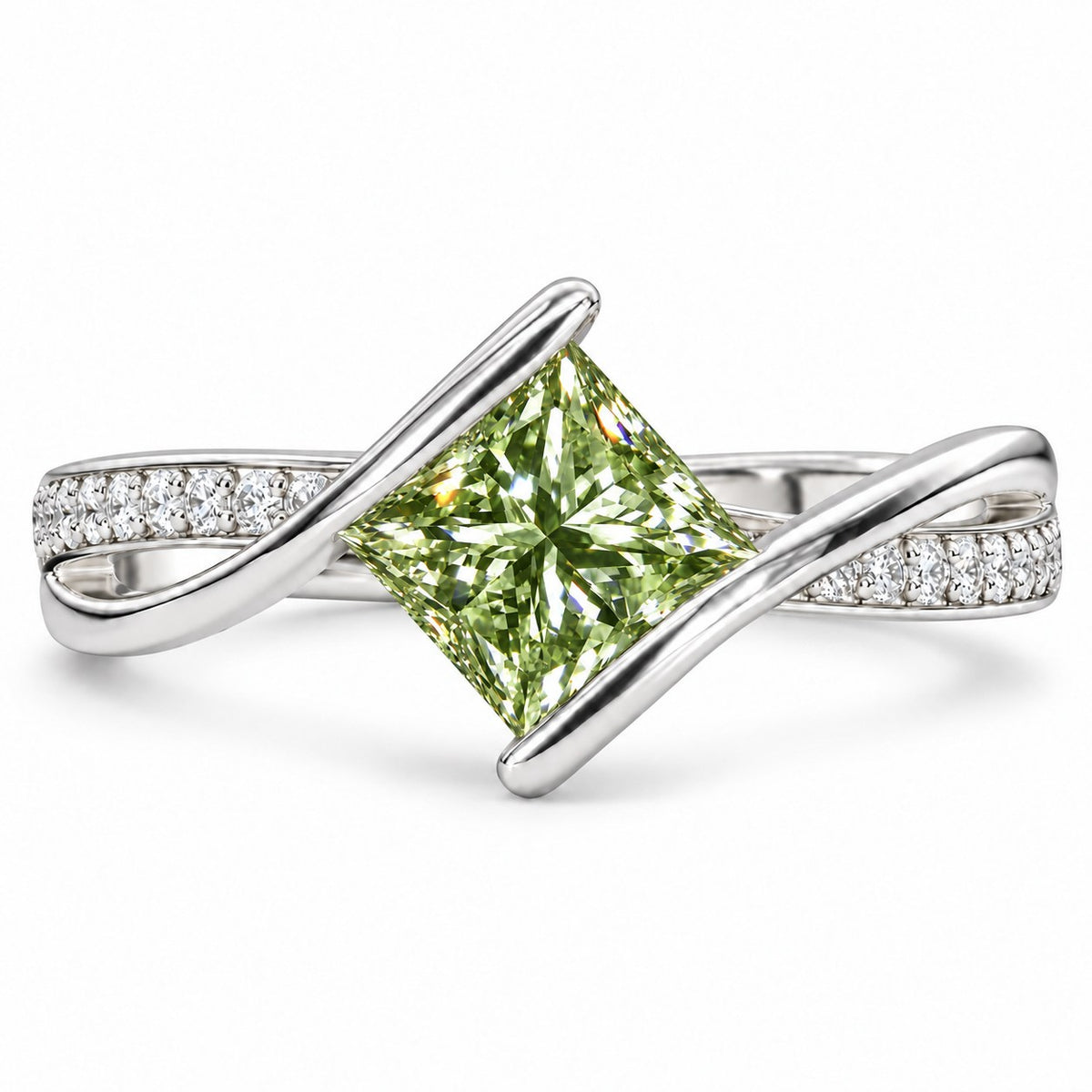 Green Princess Cut Lab Grown Diamond Engagement Ring - Kite Set Pave Twist in white gold, front view