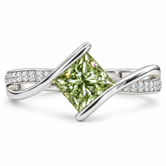 Green Princess Cut Lab Grown Diamond Engagement Ring - Kite Set Pave Twist in white gold, front view