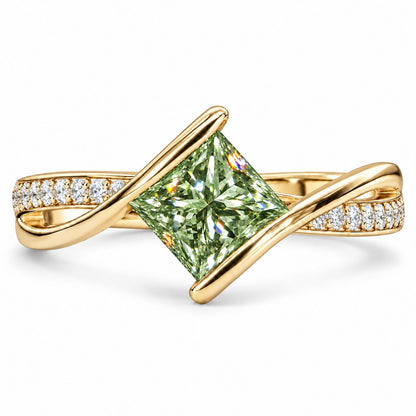 Green Princess Cut Lab Grown Diamond Engagement Ring - Kite Set Pave Twist in yellow gold, front view