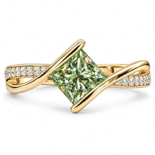 Green Princess Cut Lab Grown Diamond Engagement Ring - Kite Set Pave Twist in yellow gold, front view