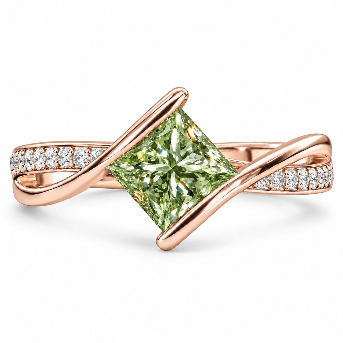 Green Princess Cut Lab Grown Diamond Engagement Ring - Kite Set Pave Twist in rose gold, front view