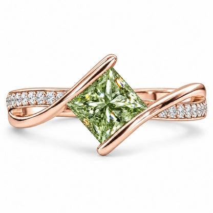 Green Princess Cut Lab Grown Diamond Engagement Ring - Kite Set Pave Twist in rose gold, front view