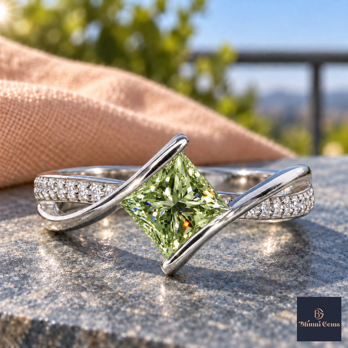 Green Princess Cut Lab Grown Diamond Engagement Ring - Kite Set Pave Twist in white gold, close-up