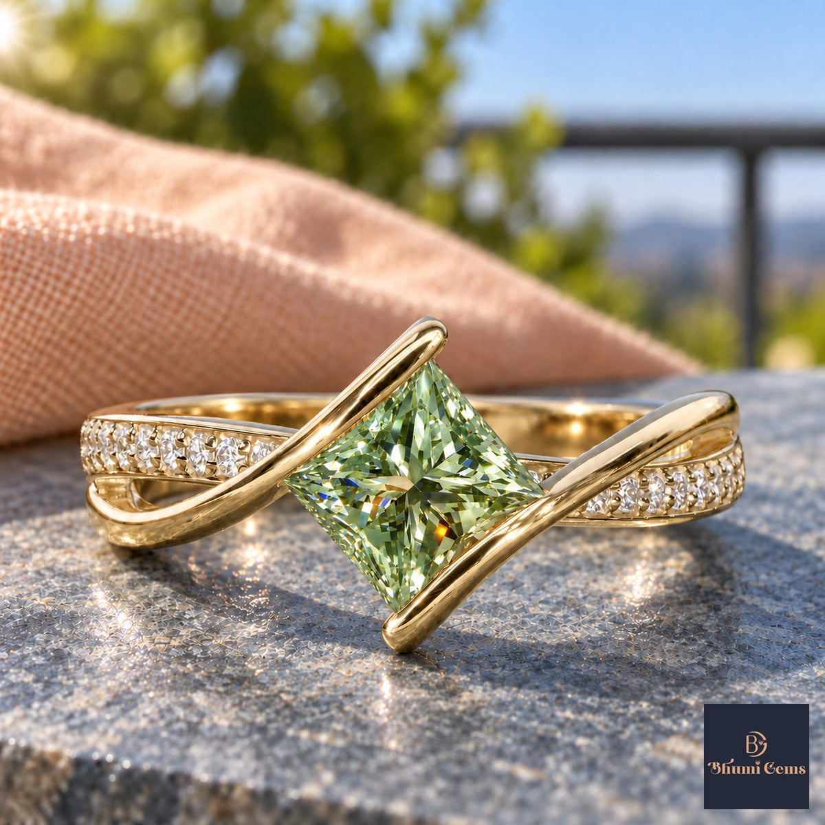 Green Princess Cut Lab Grown Diamond Engagement Ring - Kite Set Pave Twist in yellow gold, close-up