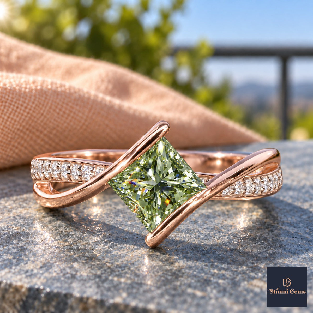 Green Princess Cut Lab Grown Diamond Engagement Ring - Kite Set Pave Twist in rose gold, close-up