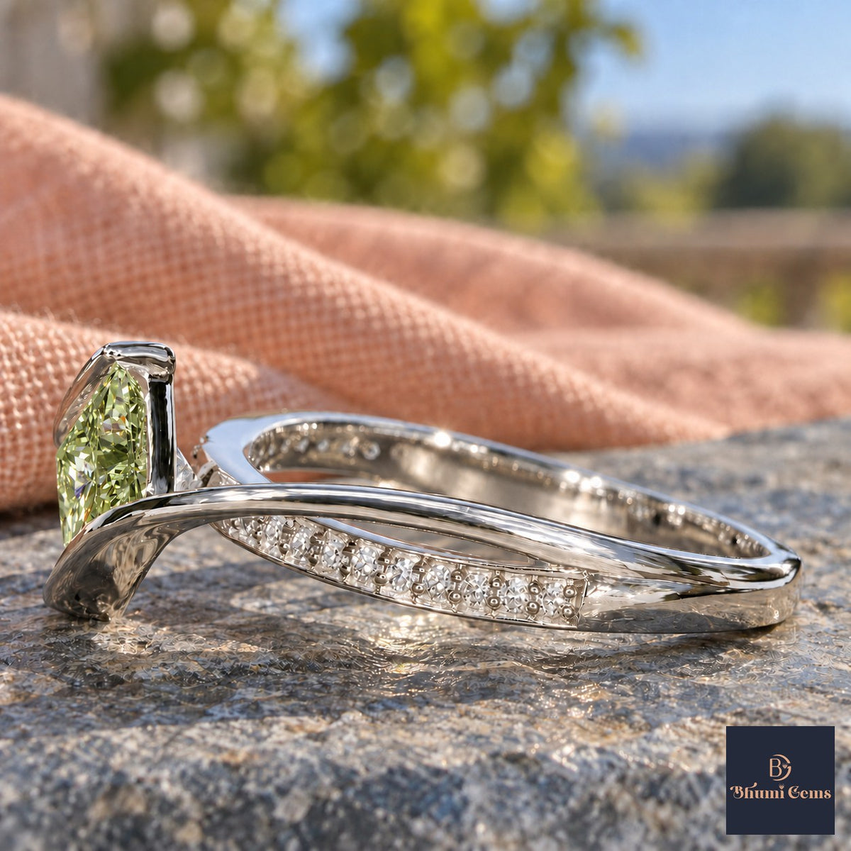 Green Princess Cut Lab Grown Diamond Engagement Ring - Kite Set Pave Twist in white gold, side view