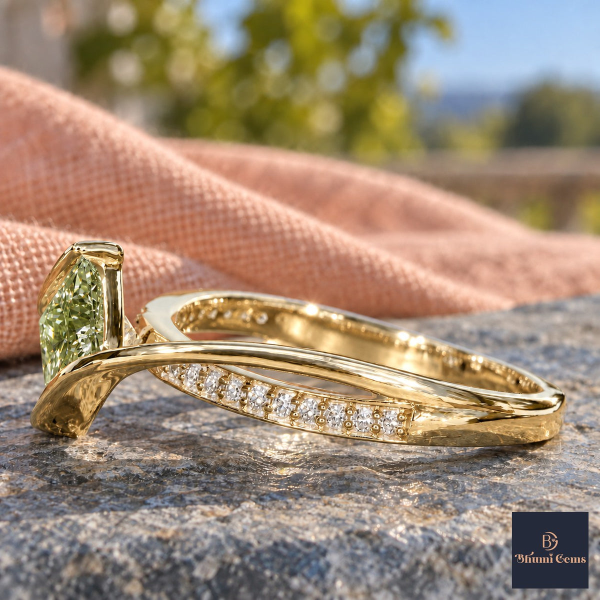 Green Princess Cut Lab Grown Diamond Engagement Ring - Kite Set Pave Twist in yellow gold, side view