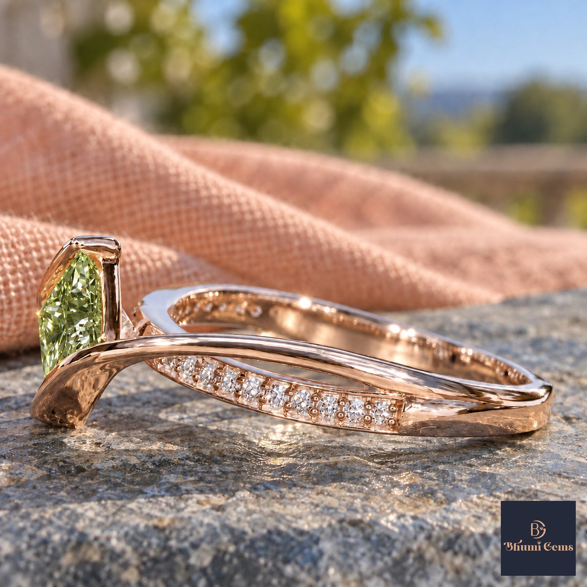 Green Princess Cut Lab Grown Diamond Engagement Ring - Kite Set Pave Twist in rose gold, side view