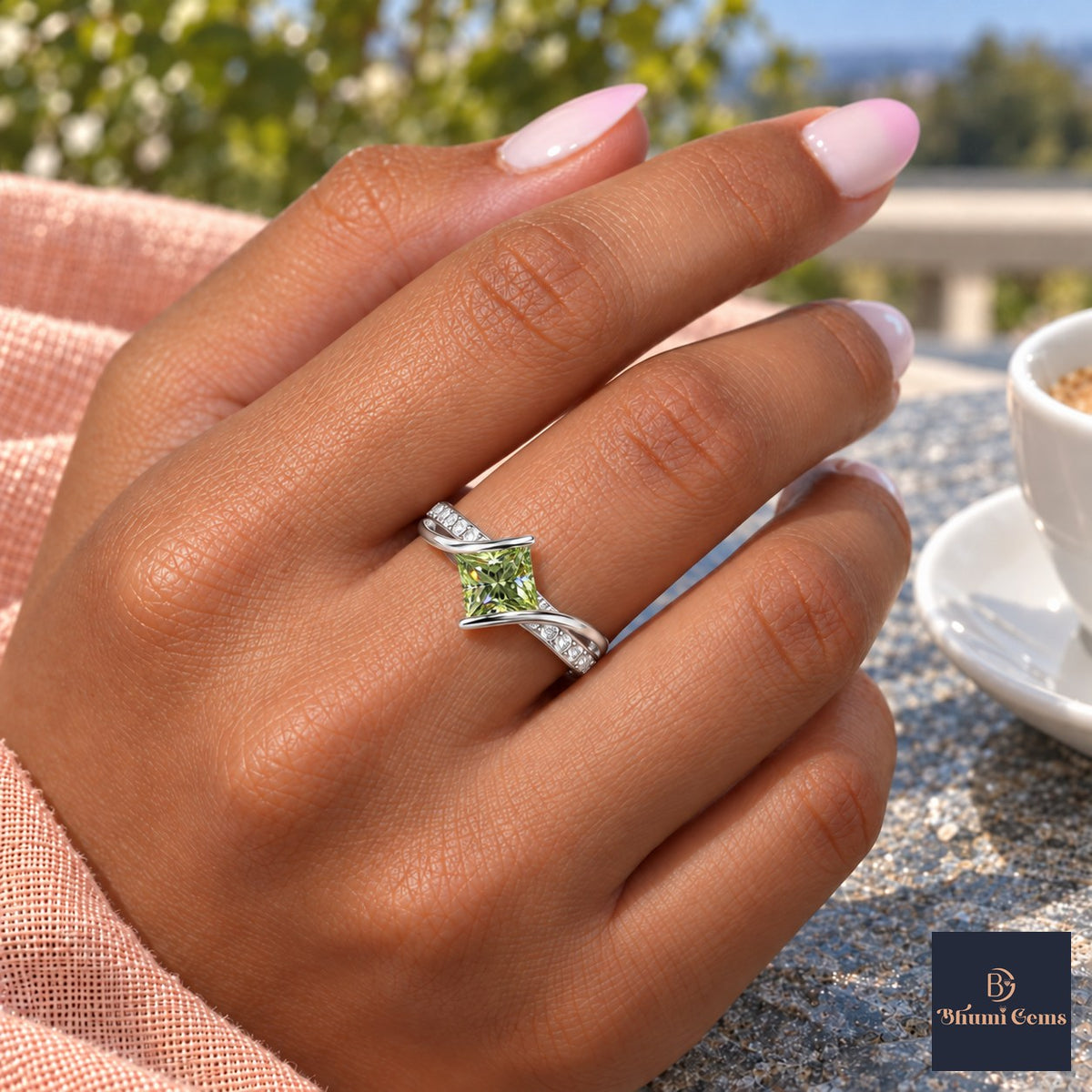 Green Princess Cut Lab Grown Diamond Engagement Ring - Kite Set Pave Twist in white gold, on the hand