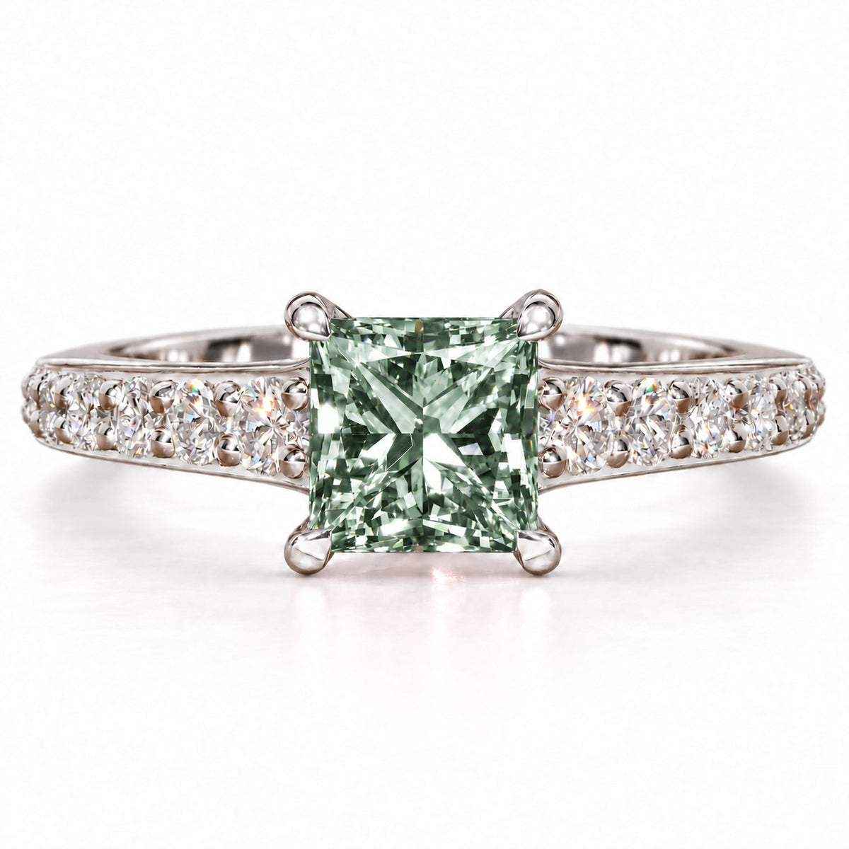 Green Princess Cut Lab Grown Diamond Engagement Ring - Pave Band in white gold, front view