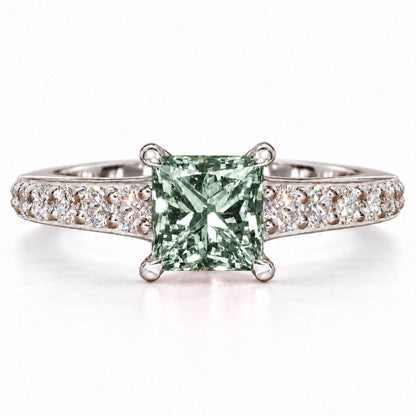 Green Princess Cut Lab Grown Diamond Engagement Ring - Pave Band in white gold, front view