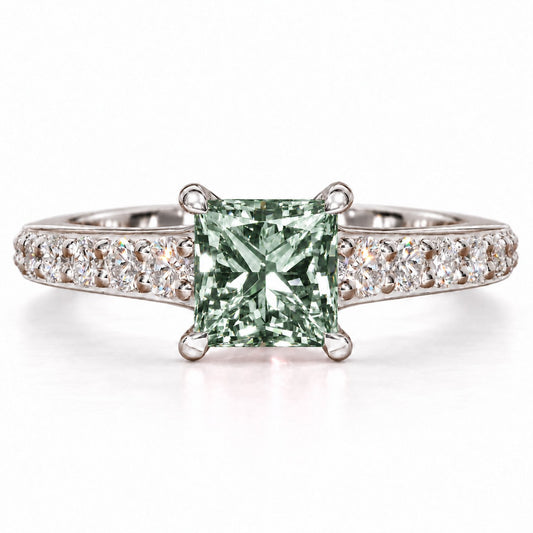 Green Princess Cut Lab Grown Diamond Engagement Ring - Pave Band in white gold, front view